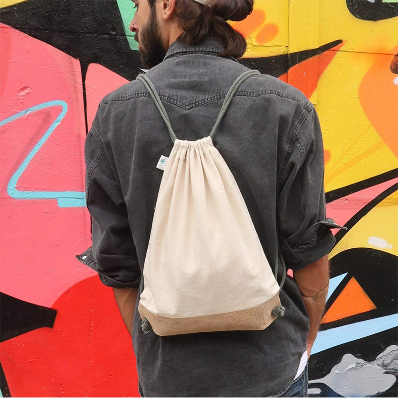 Convenient Double-shoulder Jute Cloth Bundle Pocket Custom-made Canvas Drawstring Bag Simple Storage Bag for Outdoor Travel Custom-made Logo