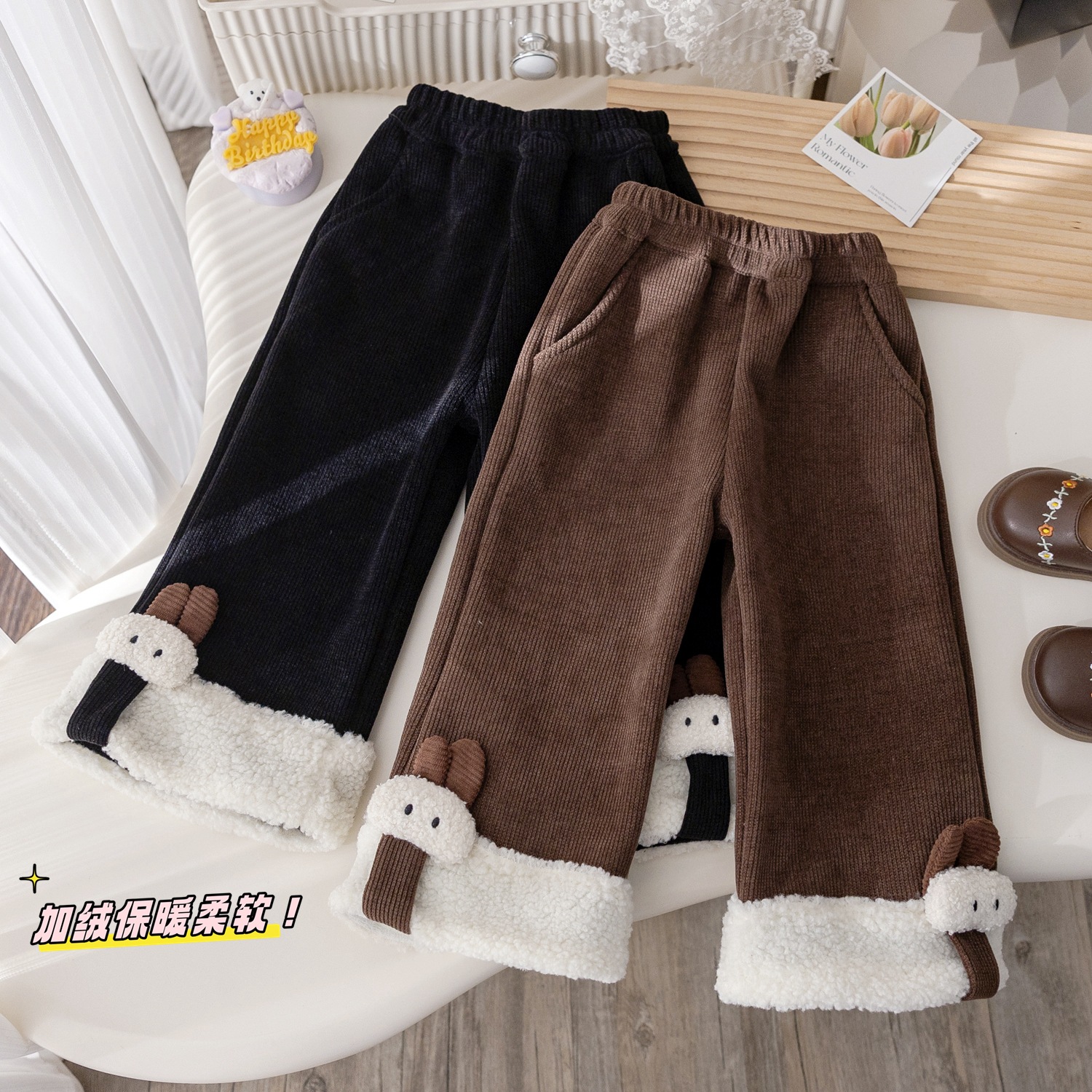 Girls Winter fleece-lined Wide Leg Pants Korean Cartoon Rabbit Casual Pants Girls Winter New Thick Warm Pants