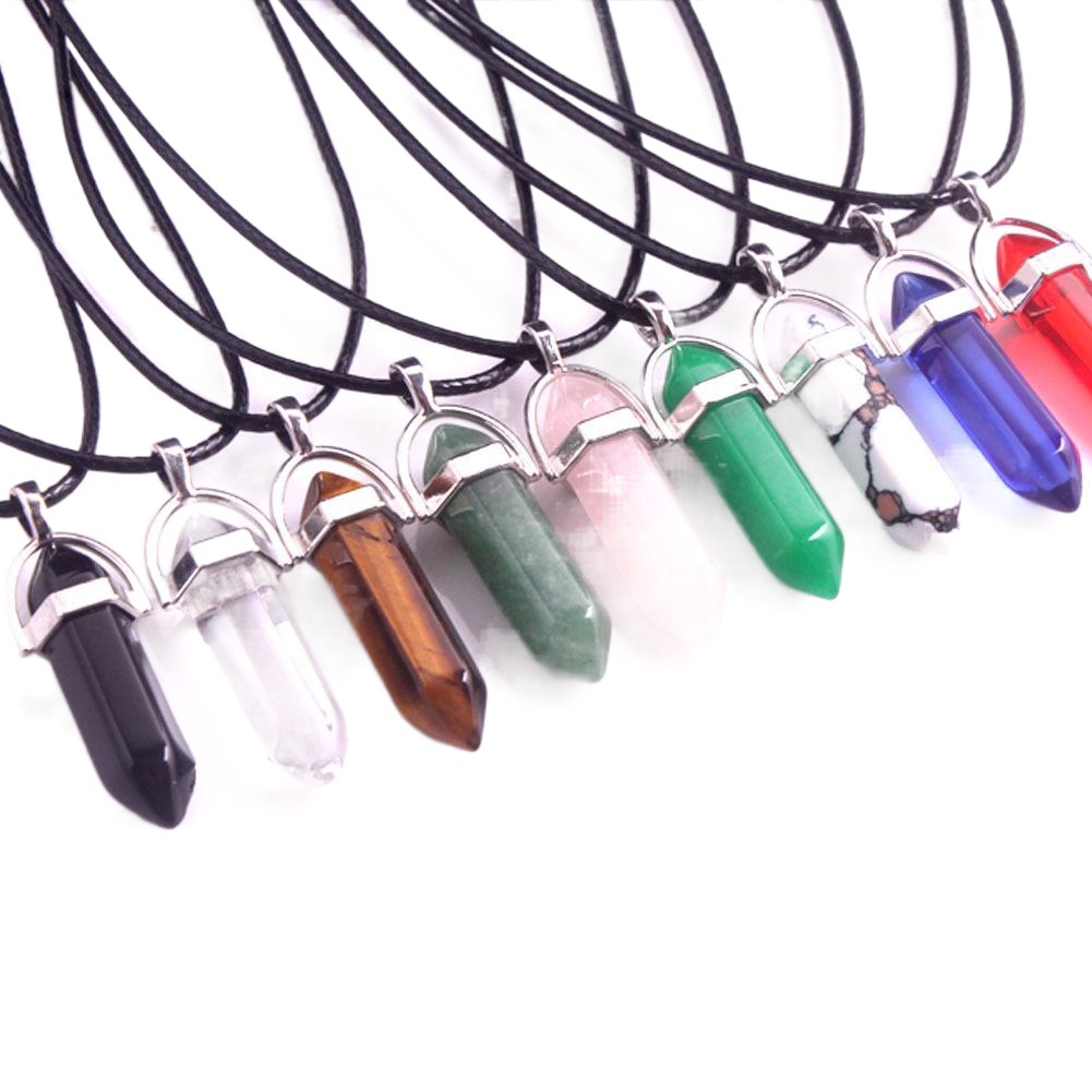 Natural Stone Hexagonal Pendant European and American Natural Crystal Hexagonal Prism Bullet Hexahedral Black Wax Rope Necklace
