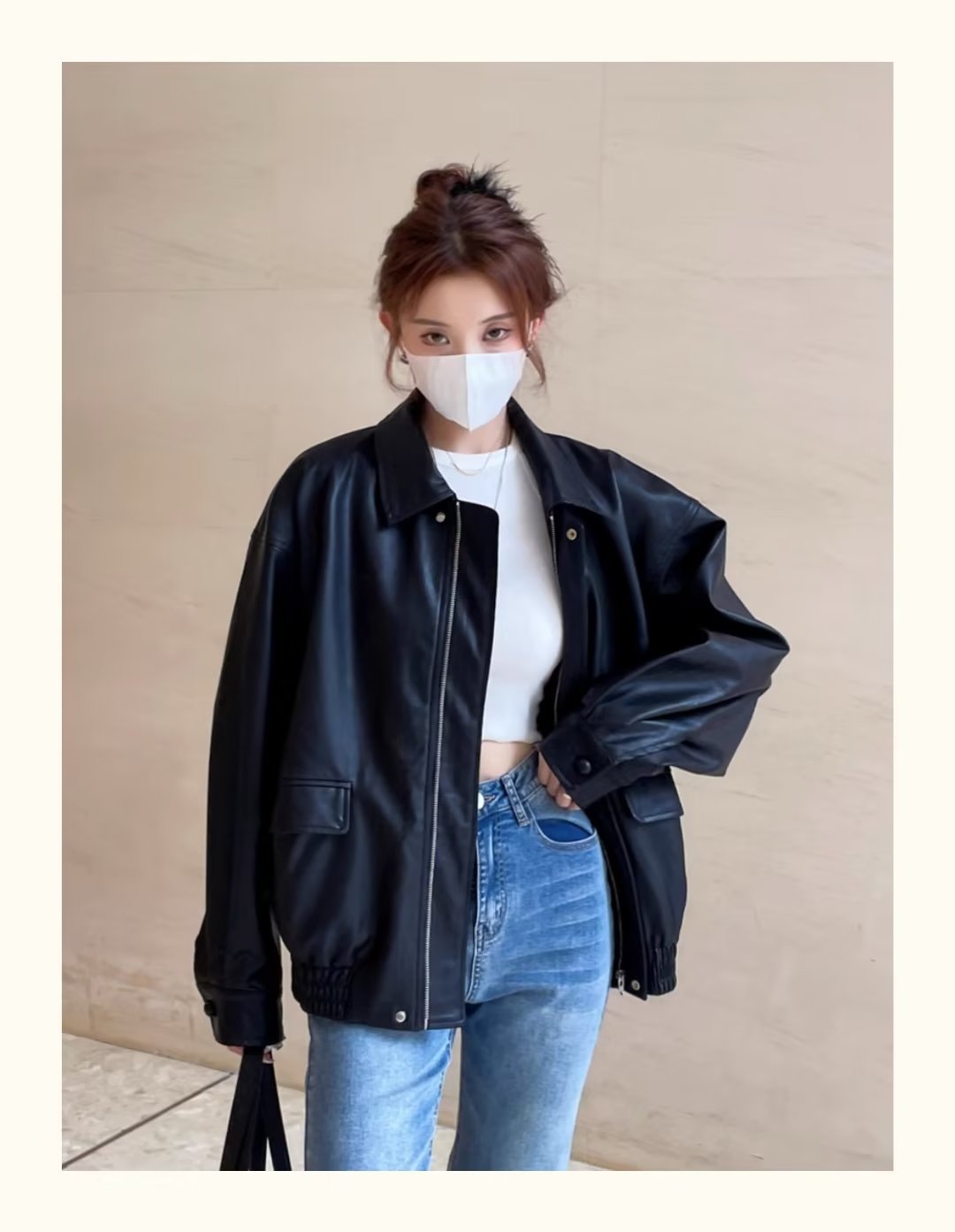 Picture of American Retro Brown Pu Leather Jacket for Women Spring & Fall 2023 New Oversize Niche Motorcycle Jacket Top