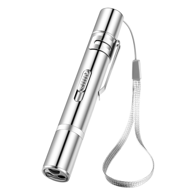 7in1 Multi-Pattern Switchable Laser Pointer Funny Cat Flashlight Stainless Steel Silver Infrared Purple Light White Light Charging