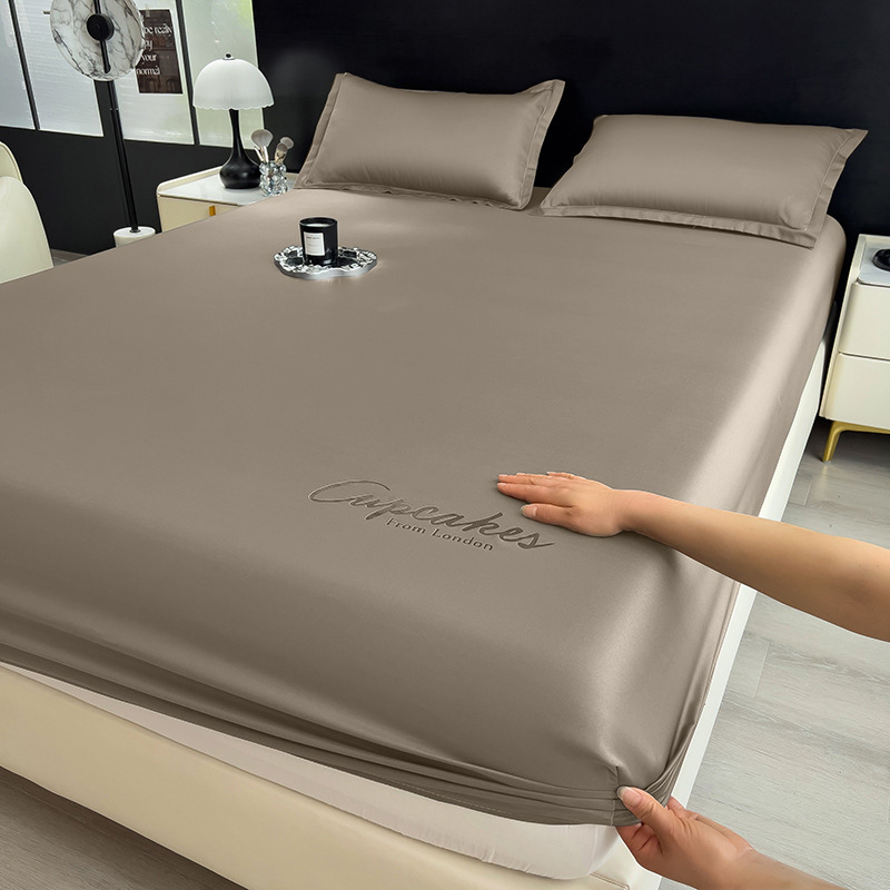 Picture of Summer New Ice Silk Fitted Sheet Three-Piece Set with Letter Embroidery Mattress Protector Single Dormitory Bed Sheet Bed Cover