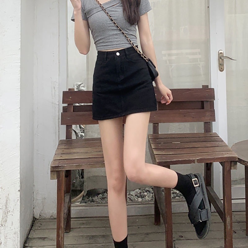 2025 Black Denim A-Line Skirt Women's High Waist Summer New Korean Style Skirt Pure Color Slim Casual Short