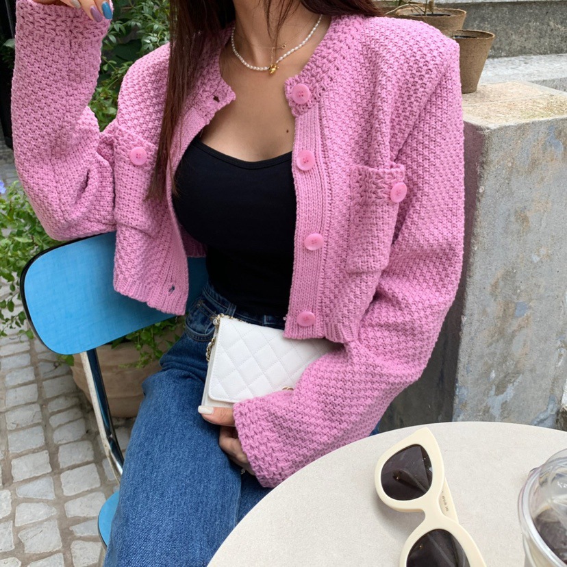 South Korea's Dongdaemun Round Neck Buttoned Versatile Pocket Knitted Cardigan