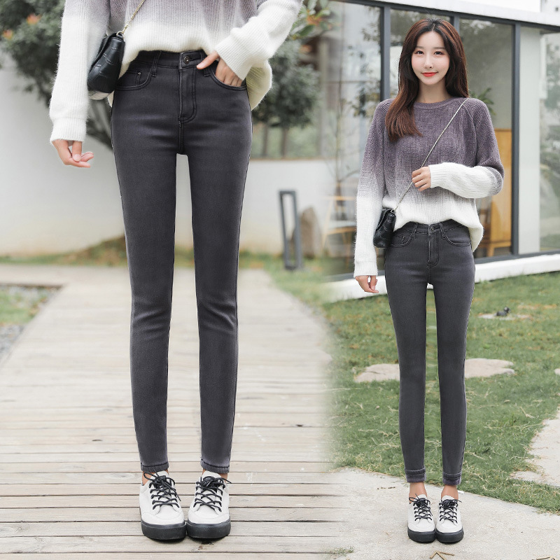 Picture of Dark Blue High Waist Jeans Women's 2023 Spring New Slim-fit Tight All-match Fleece-lined Stretch Pants for Winter