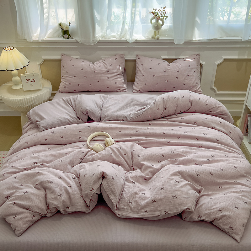 Picture of Double-Layer Gauze Wrinkled Cotton Bed Four-Piece Set Small Fresh Quilt Cover Home Ins Style Floral Summer New Three-Piece Set