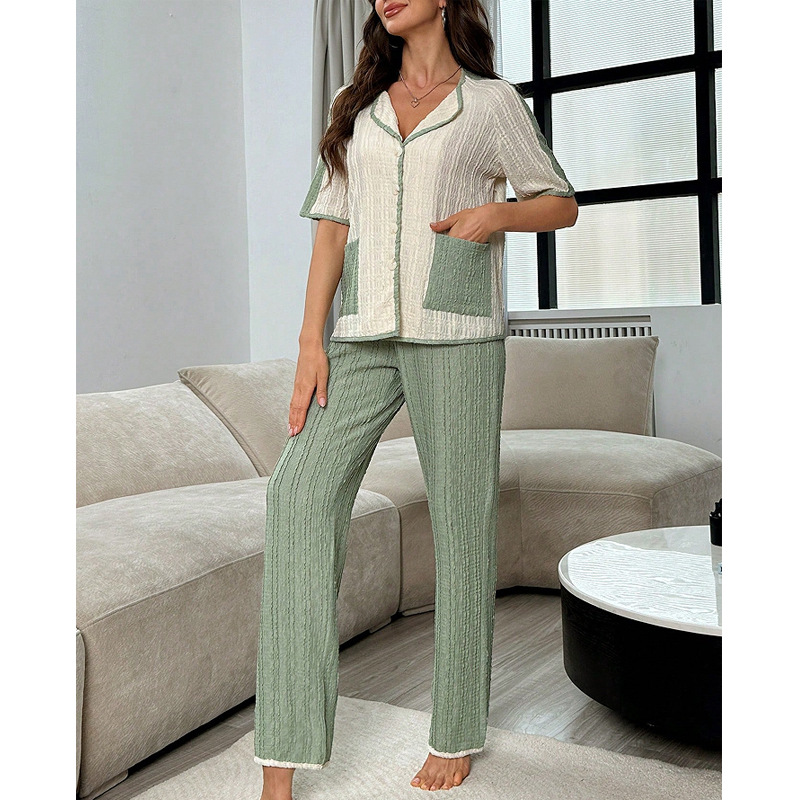 Cross-border Lapel Color-block Pajamas Women's Suit Autumn New High-end Sense Loose Comfortable Trousers Home Clothes Two-piece Set
