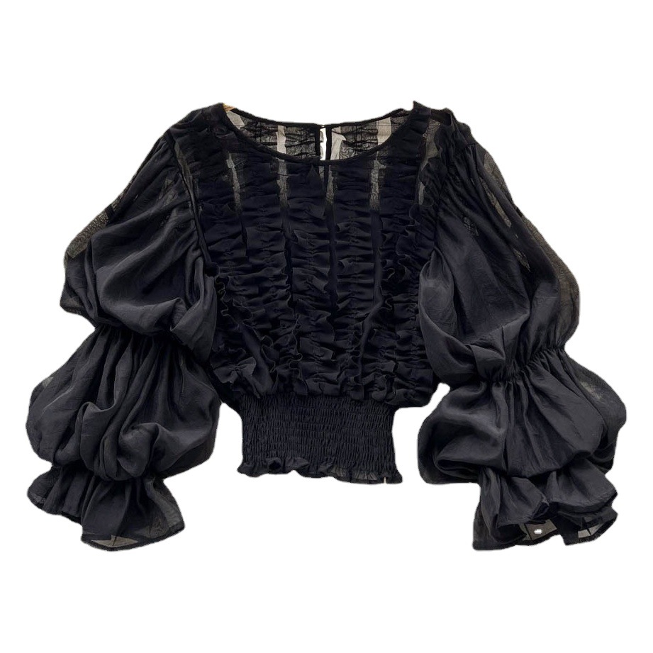 Cross-Border European and American Style Fungus Lace Design Shirt French Niche Lantern Sleeve Elegant Slim Short Blouse