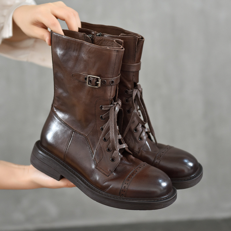 Washed First-Layer Calfskin Lace-Up Boots for Women, Mid-Heeled Mid-Calf Boots, Autumn and Winter Genuine Leather Women's Boots