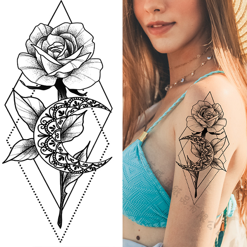 Picture of Cross-Border Supply of Sketch Flower Tattoo Stickers, Sketch Tattoo Stickers, Rose Flower Black and White Flower Tattoo