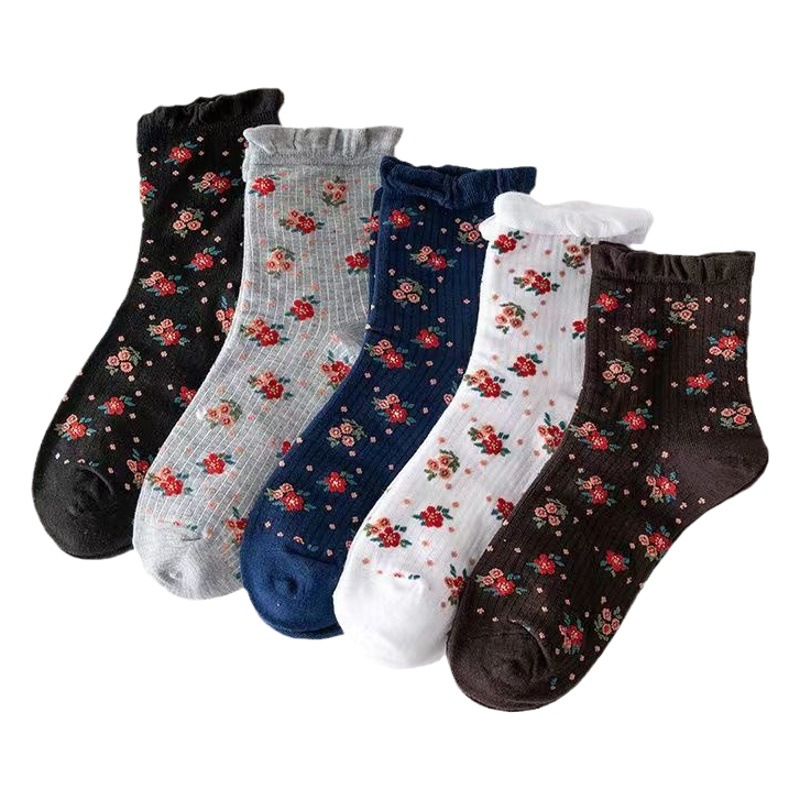 Socks Women's Polyester-Cotton Mid-Length Socks Autumn and Winter Thick Forest-Style Literary Flower Socks Ins Trendy Retro High Socks Mid-Length