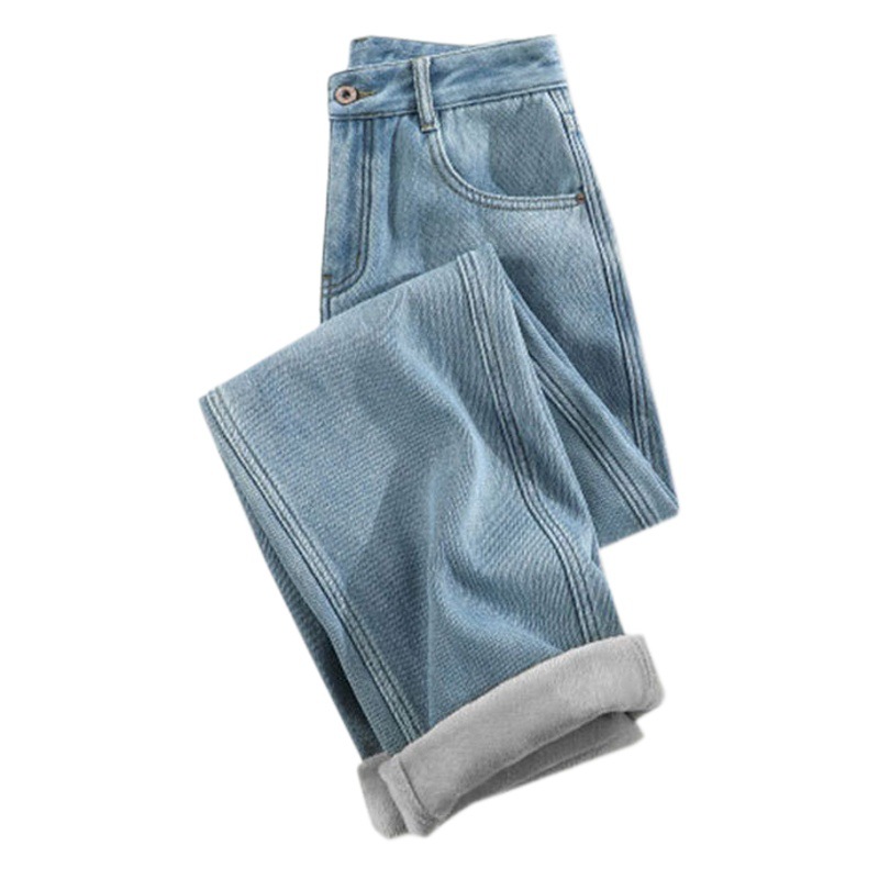 Thick warm narrow wide-leg fleece-lined jeans women's autumn and winter American-style loose draping straight trousers
