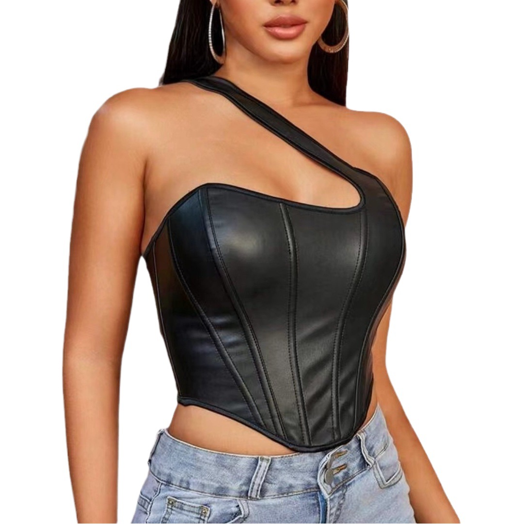 New European and American Cross-Border Pu Leather Body-Shaping Top, One-Shoulder Vest, Fashionable Women's Fishbone Bra, Sexy Backless Corset