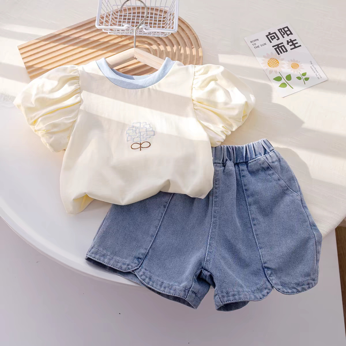 Ancorelala2024 summer new girls puff sleeve short sleeve top plus Denim shorts two-piece set
