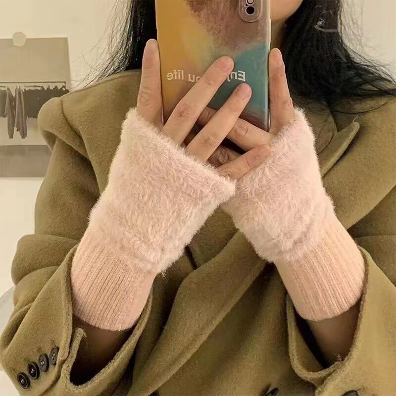 Winter Korean style student gloves mink-like velvet open finger knitted gloves office writing lengthened wristband warm gloves