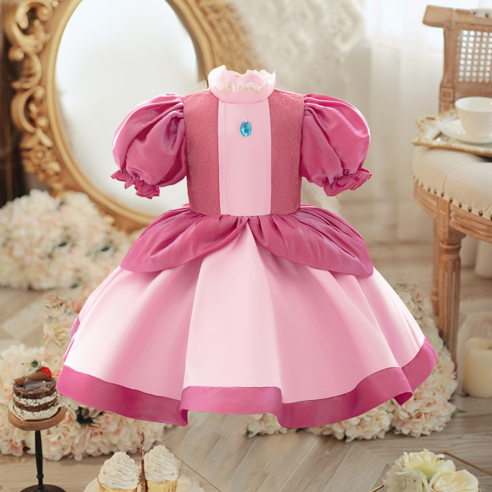 Foreign Trade New Princess Peach Girls Cos Dress Skirt Peach Princess Dress Lace Splicing Puff Sleeve Performance Clothing
