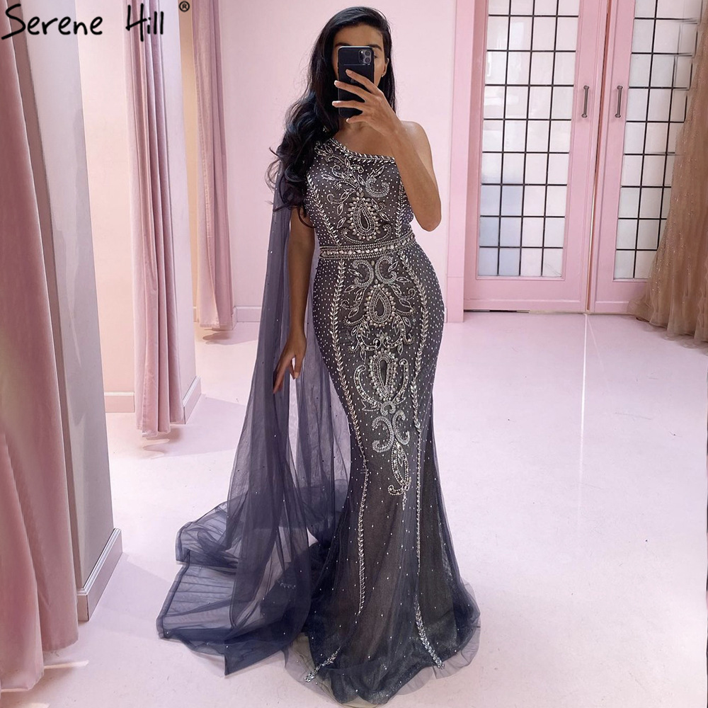 2021 new autumn and winter heavy industry beaded gray floating sleeve socialite light luxury close-fitting slimming evening dress dress LA71270