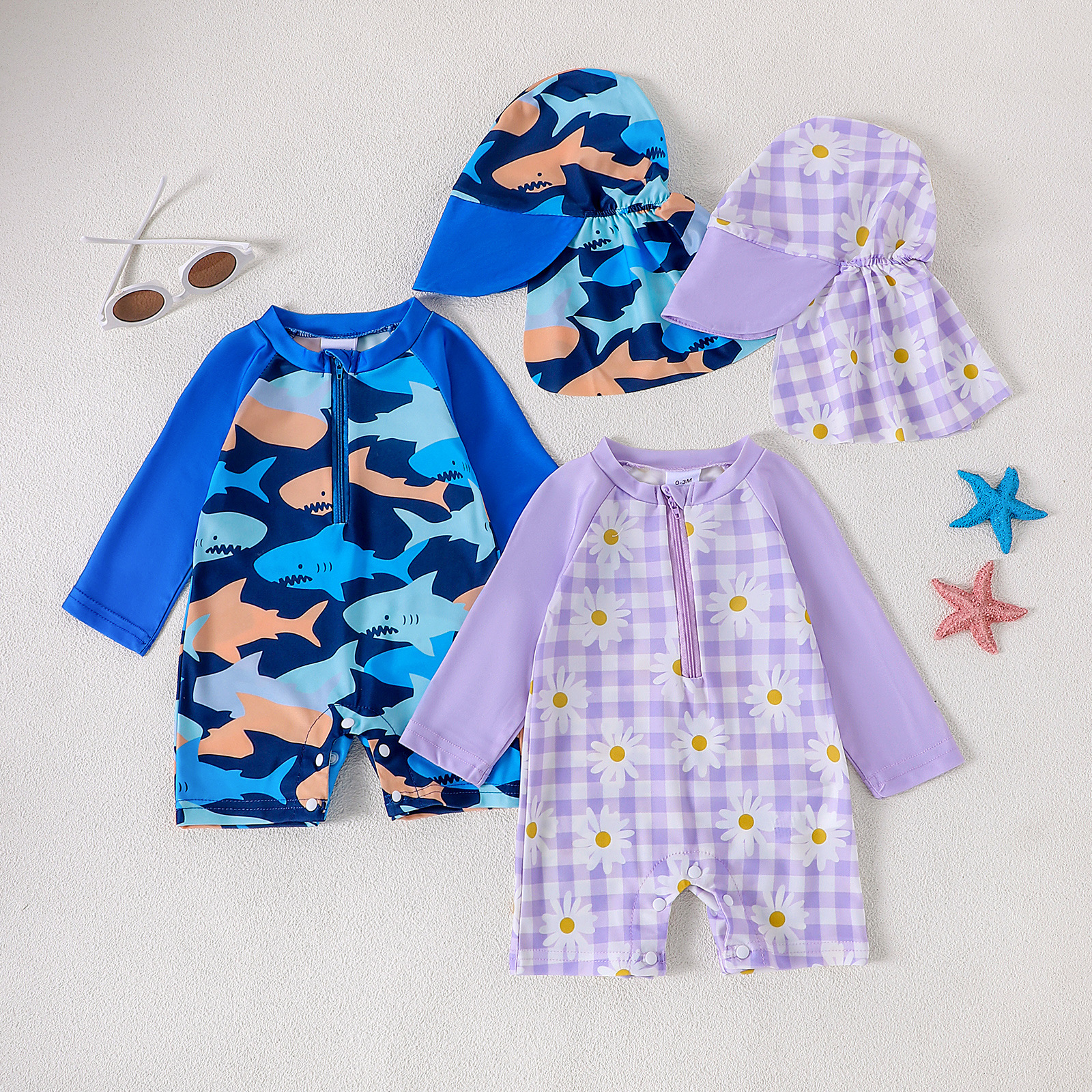 European and American Summer New Boys and Girls Cute Printed Long Sleeve Swimsuit Swimsuit Swimwear Cap