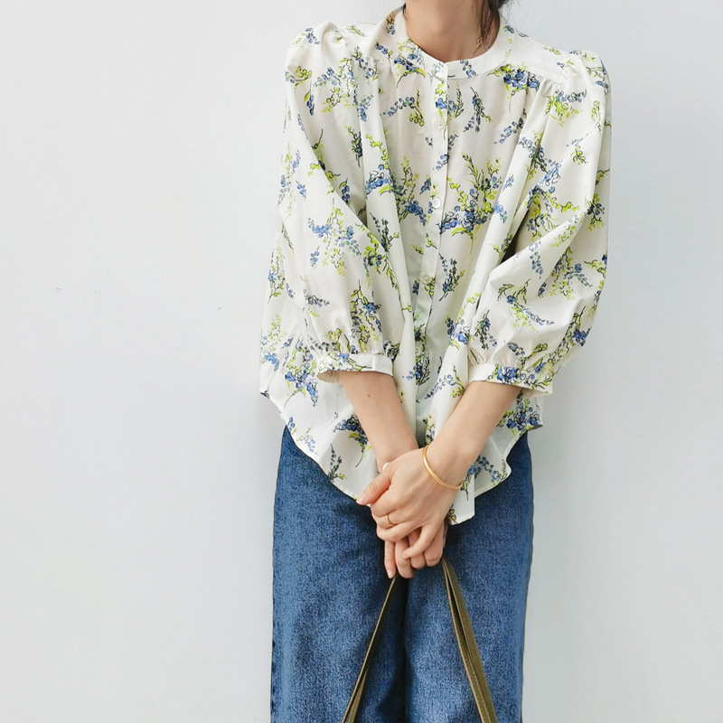 Picture of Does not support 7-day French holiday style silk cotton printed cropped lantern sleeve shirt women's loose button doll shirt