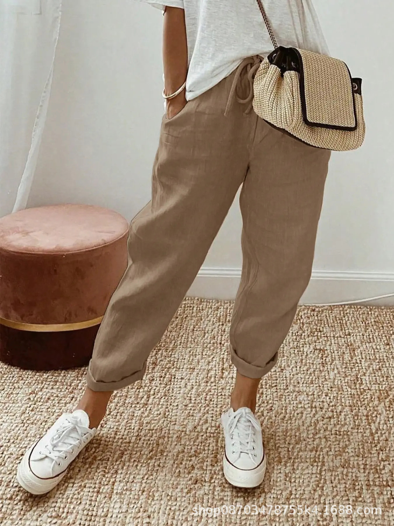 2024 European and American Cross-border New Export Amazon wish Women's High-waist Elastic Waist Pure Color Cotton and Linen Casual Pants