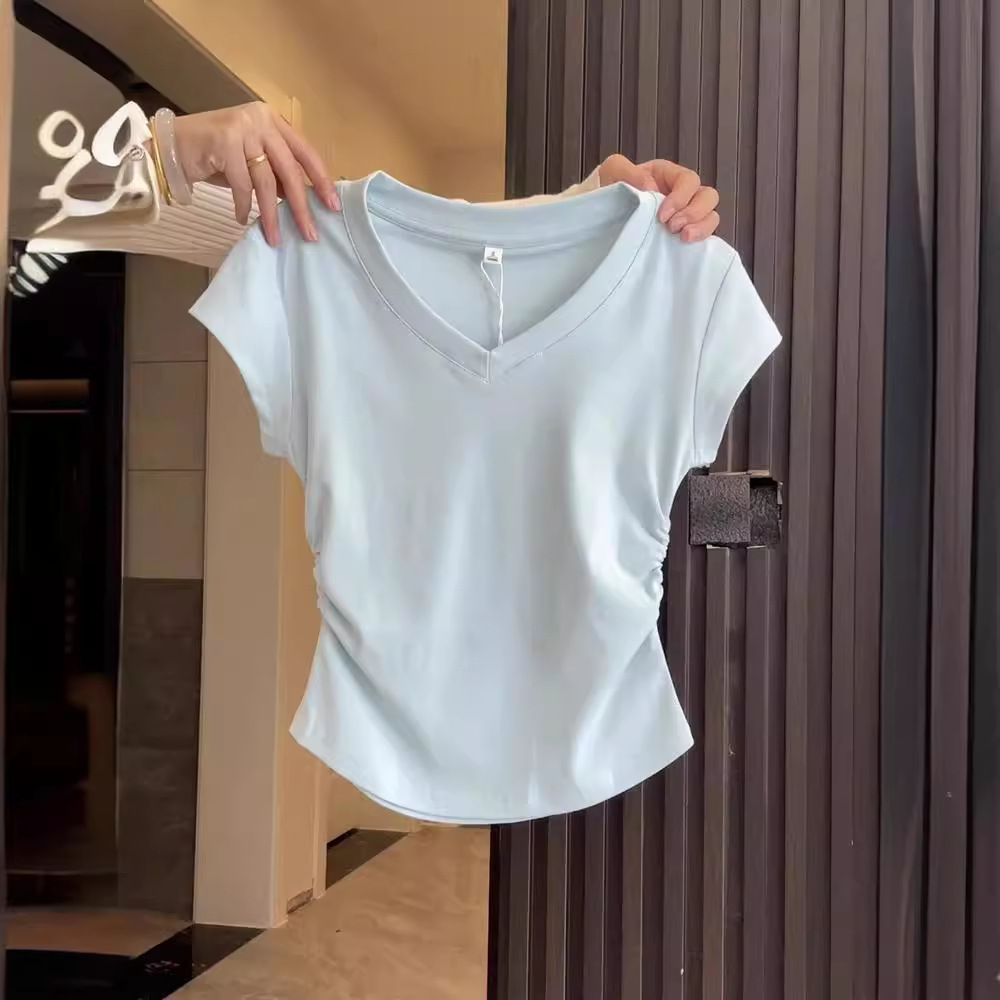 Right Shoulder V-Neck Light Blue Short-Sleeved T-Shirt for Women Slimming Look Pleated Waist Design Short Top for Small People Summer