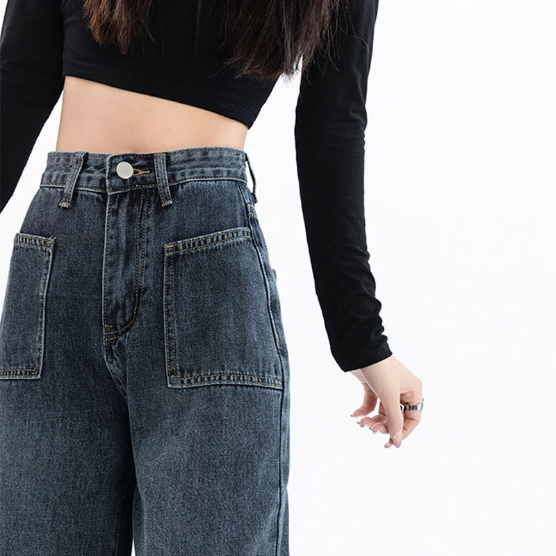 Distinctive Large Pocket Design Straight Jeans Women's Blue Grey High Waist Loose Pear Shaped Wide Leg Long Pants