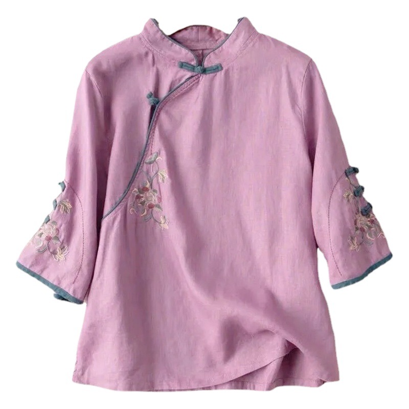 Chinese style retro cotton and linen three-quarter sleeve shirt with crossbody buckle spring and summer New loose stand collar plus size embroidered top