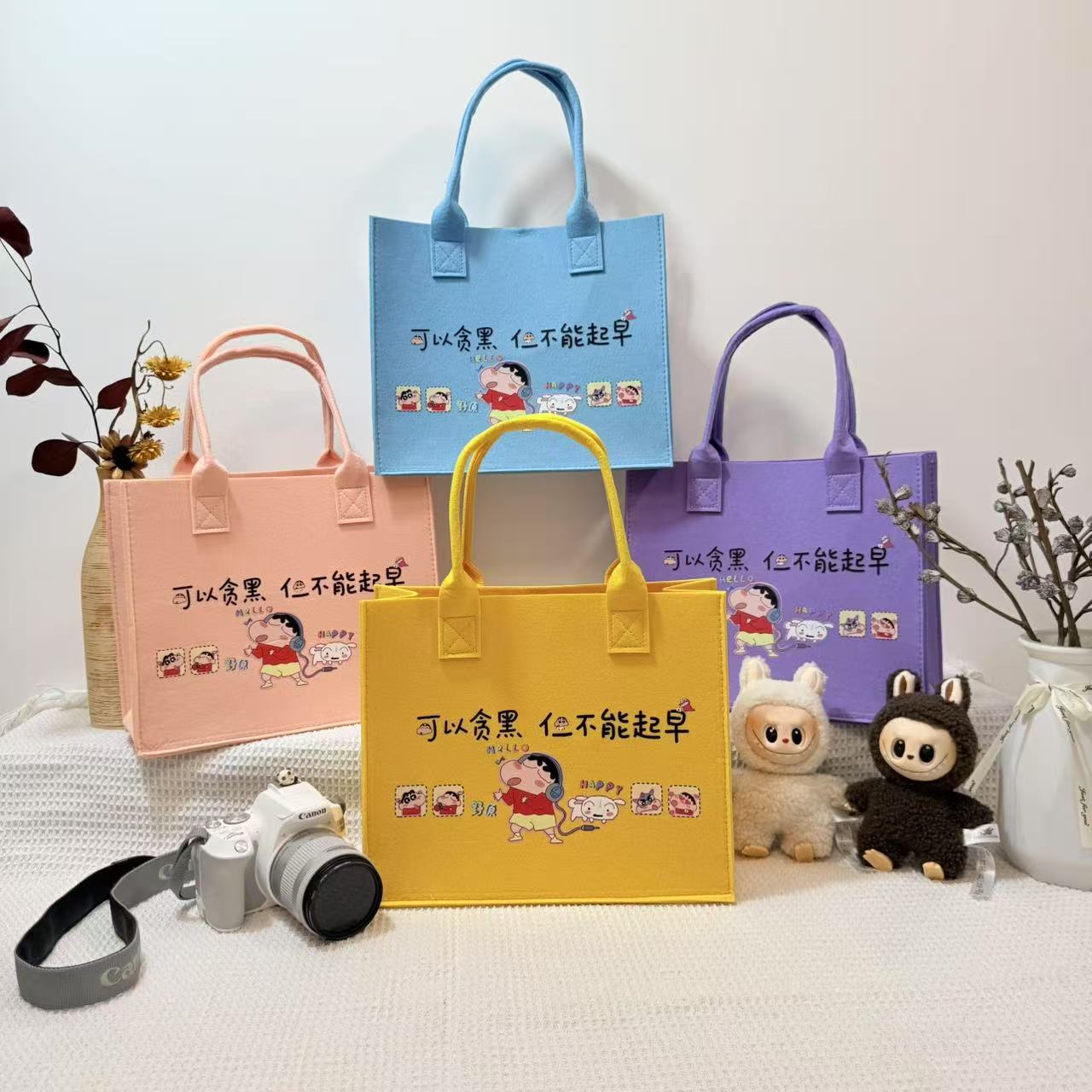 Creative Cartoon Felt Bag Simple Printed Handbag Student Office Worker Large Capacity Felt Storage Bag