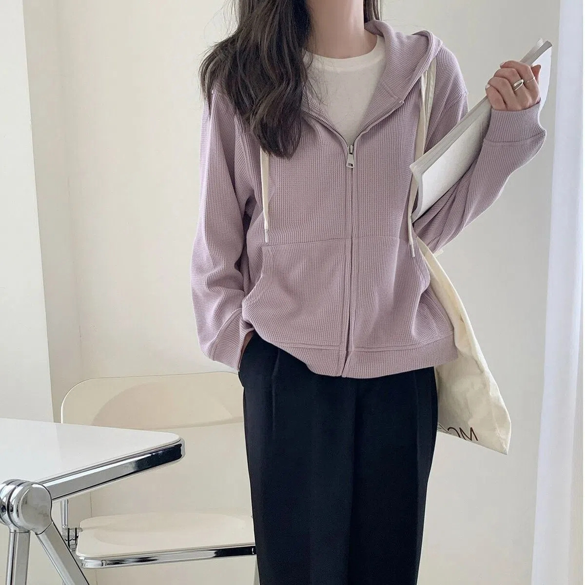 Picture of Spring and Autumn New Korean Style Waffle Sweatshirt Loose Slim Thin Casual Hooded Tops Design Top Women's Clothing