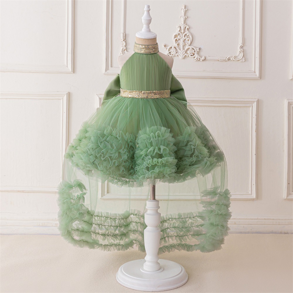 Picture of New One-year-old Dress Short-sleeved Pleated Mesh Lace Trailing Princess Dress Ponked Yarn Flower Children's Wedding Dress