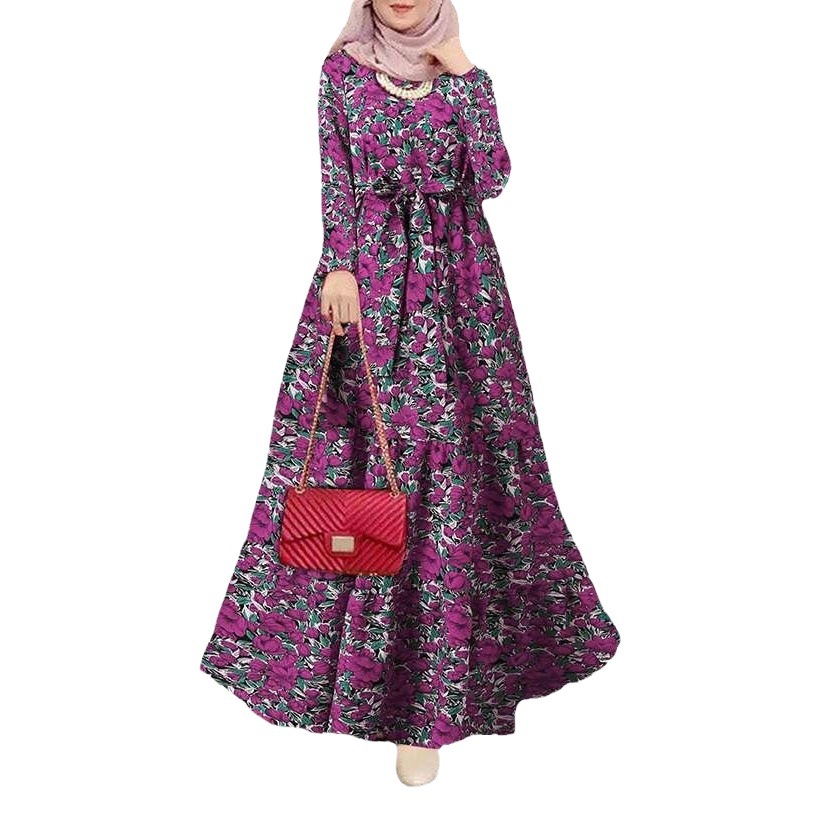 New Cross Border Retro Muslim Dress Printed Sun Dress Long Sleeve Robe Belt