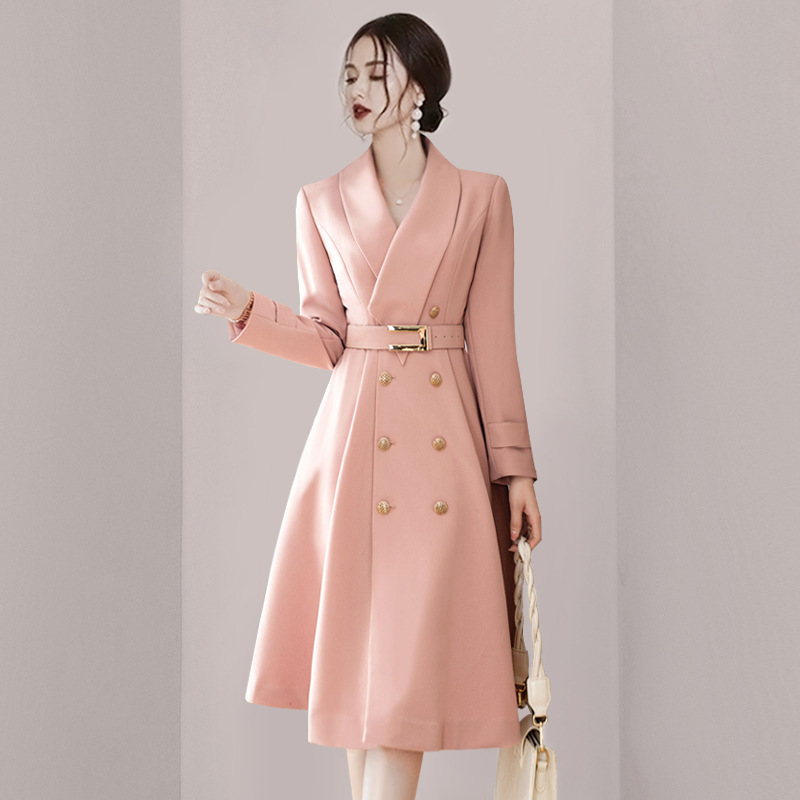 2025 Guangzhou New Spring and Autumn Elegant Pink Trench Coat for Women, Double-Breasted with Tie, Mid-Length Fashionable Jacket