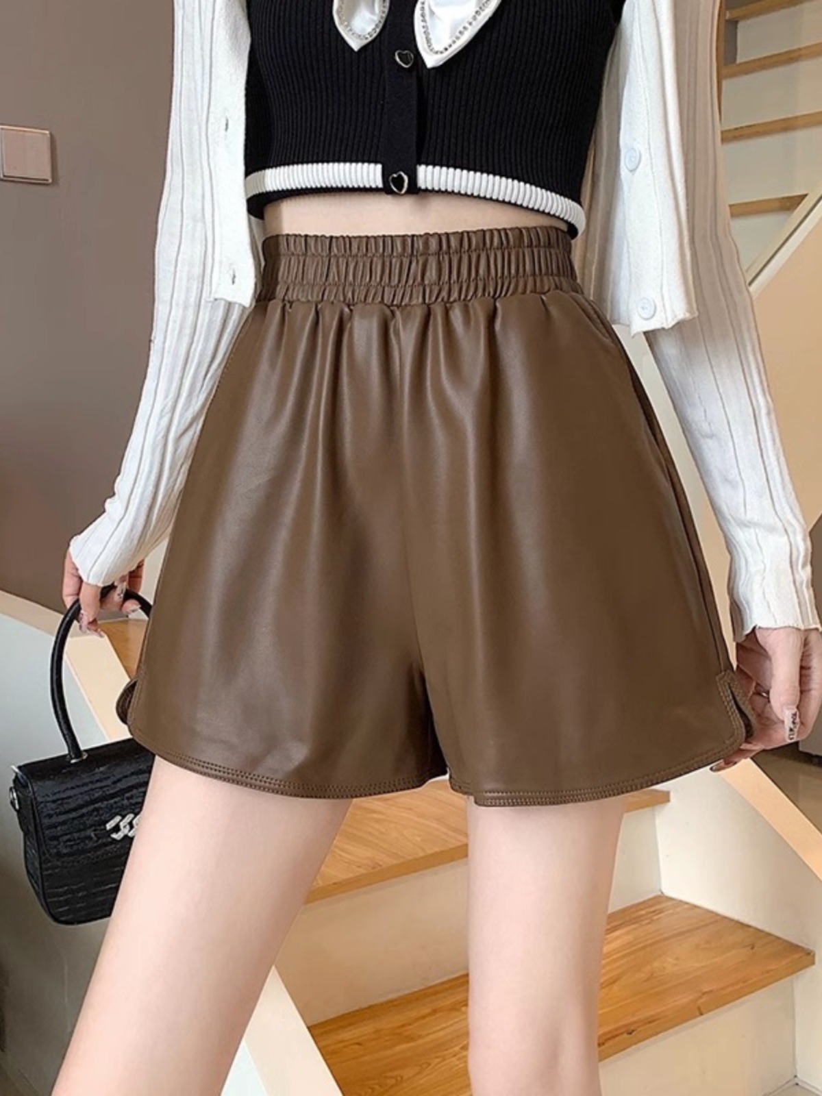 elastic waist pu leather shorts women's 2024 autumn and winter new fashion loose wide leg pants Korean style outerwear leather pants
