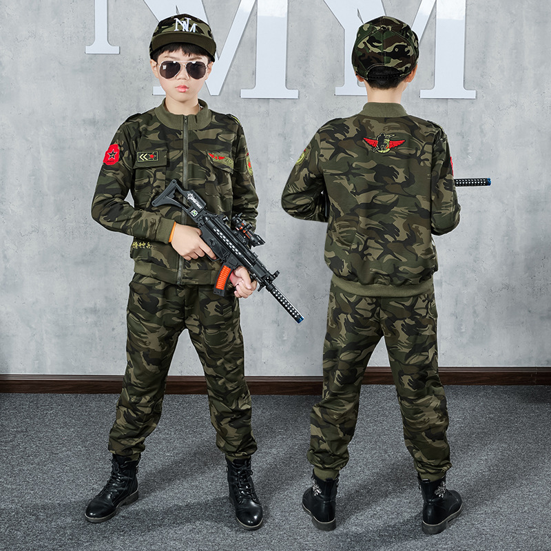 Middle and Large Kidsren's Camouflage Suit 2024 Autum New Boys Casual Camouflage Military Training Uniform Korean Style Kidsren's Sportswear