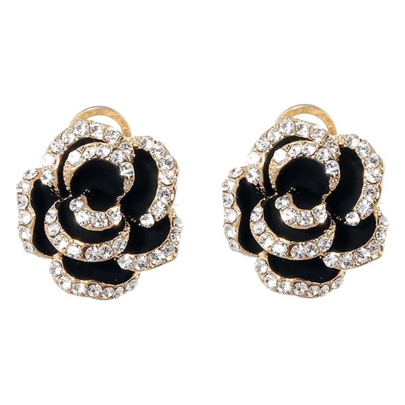 Advanced sense black camellia earrings 2024 new fashion s925 sterling silver pin earrings rose petal earrings wholesale