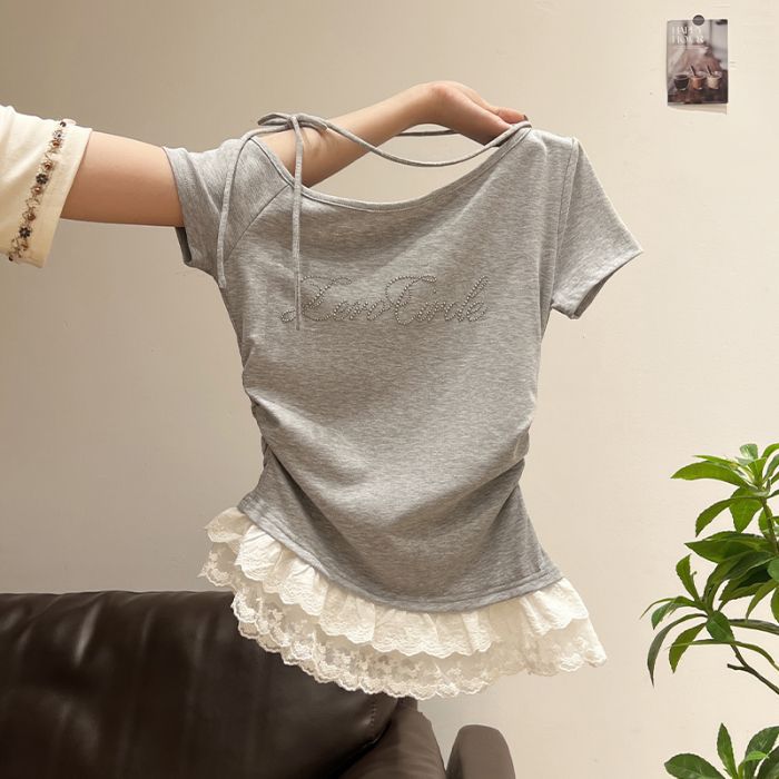 Picture of Korean Style 2025 New Summer Style Slanted Collar Off-Shoulder Lace Hem Short-Sleeved T-Shirt Women's Slimming Look Slim Top