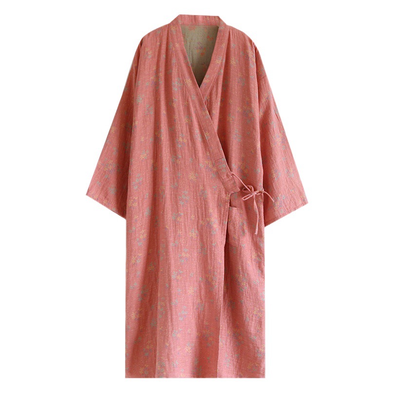 Yarn-dyed double-sided jacquard kimono nightgown women's four seasons thin lace-up loose Japanese-style home robe hotel sweat steaming robe