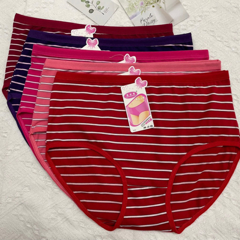 10 Pairs of Middle-Aged and Elderly Mothers' Underwear Classic Stripesd Pure Cotton Feeling Fat Large Size Women's Loose Mid-Waist Breathable Briefs