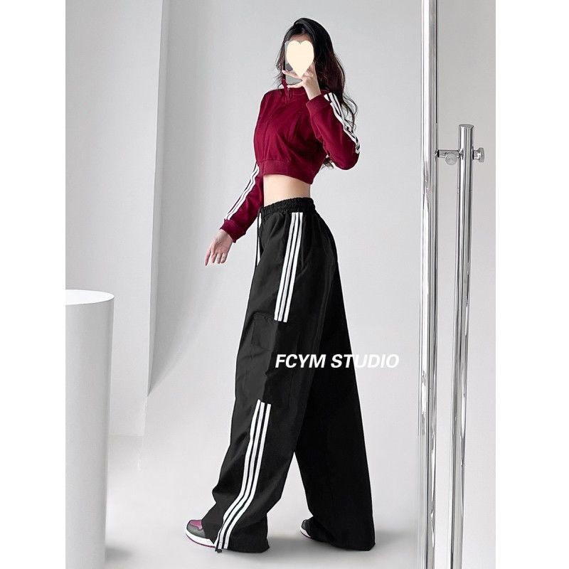 Picture of European and American style hot girl three-bar wide-leg overalls pants women's autumn street high waist slimming sports loose drag high street tide