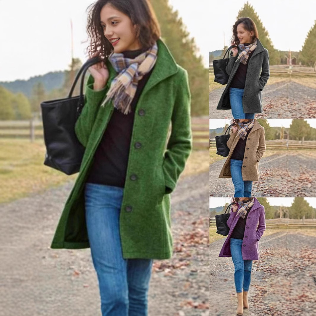 2025 Amazon Hot Style European and American Fashion Thickeneded Woolen Outwear Autumn and Winter Women's Pure Color Long Woolen Outwear for Women