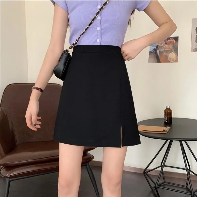 A- line Skirt Women's Casual Abdomen-tucked Autumn New Style Black High Waist Slimming Hip Skirt Women's Split Skirt