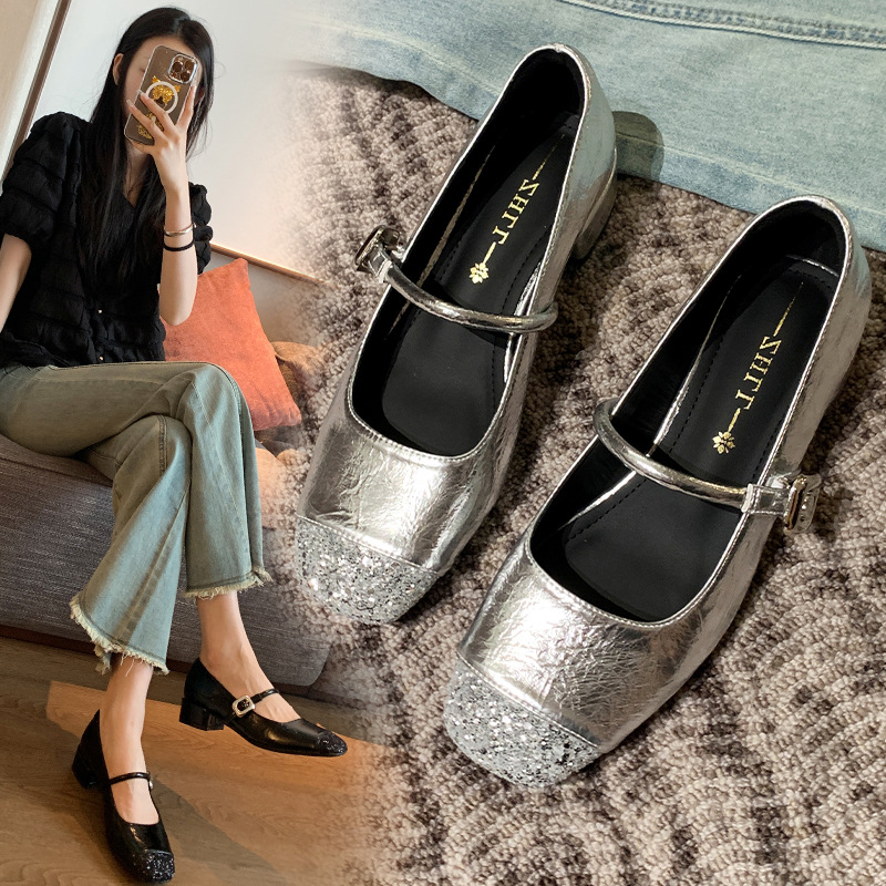 2386-56 Autumn New French Shallow Mouth Sequin Stitching Design Mary Jane Widened and Fat Shoes Women