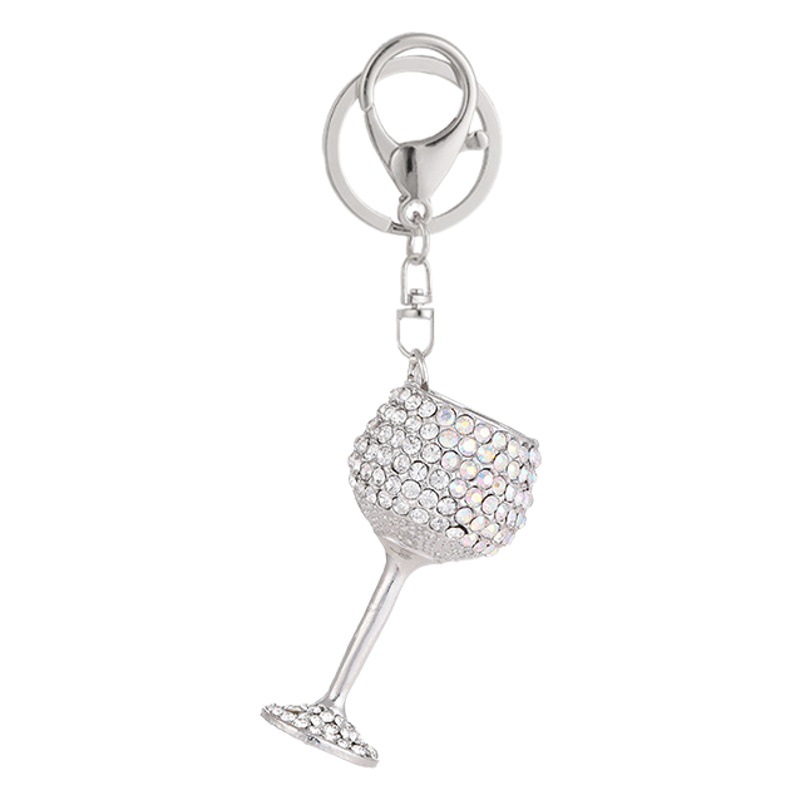 European and American diamond-encrusted gradient metal three-dimensional wine glass shape key chain goblet car key pendant bag pendant
