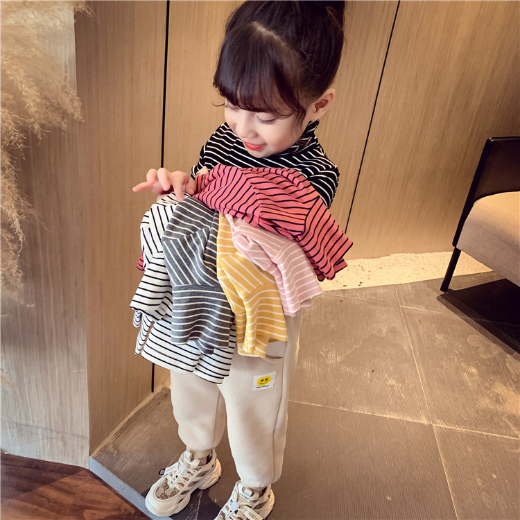 Picture of Children's Winter Girls' Base Shirt Autumn Outfit for Older Children, German Velvet Striped High-Neck Fleece Top, Children's Warm Top