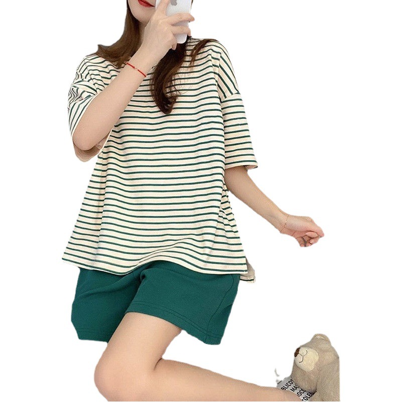 Factory Foreign Trade Summer Pajamas with Chest Pad Women's Short-sleeved Shorts Imitation Cotton Striped Simple Sports Home Wear