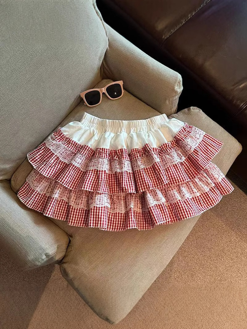 Sweet Lace Plaid Puff Cake Skirt Women's Summer New High Waist Slimming Anti-running A- line Short Skirt