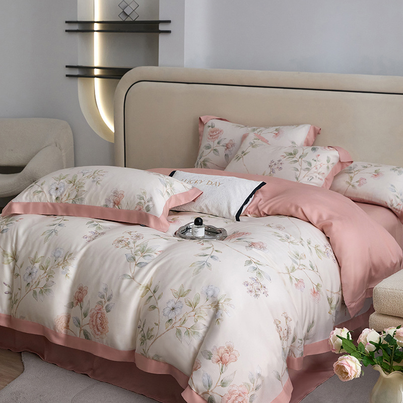 Picture of Summer Class A Maternal and Infant Grade Lyocell Tens Four-Piece Light Luxury Ice Silk Naked Sleeping Cool Quilt Cover Bed Sheet 1.8 Bedding
