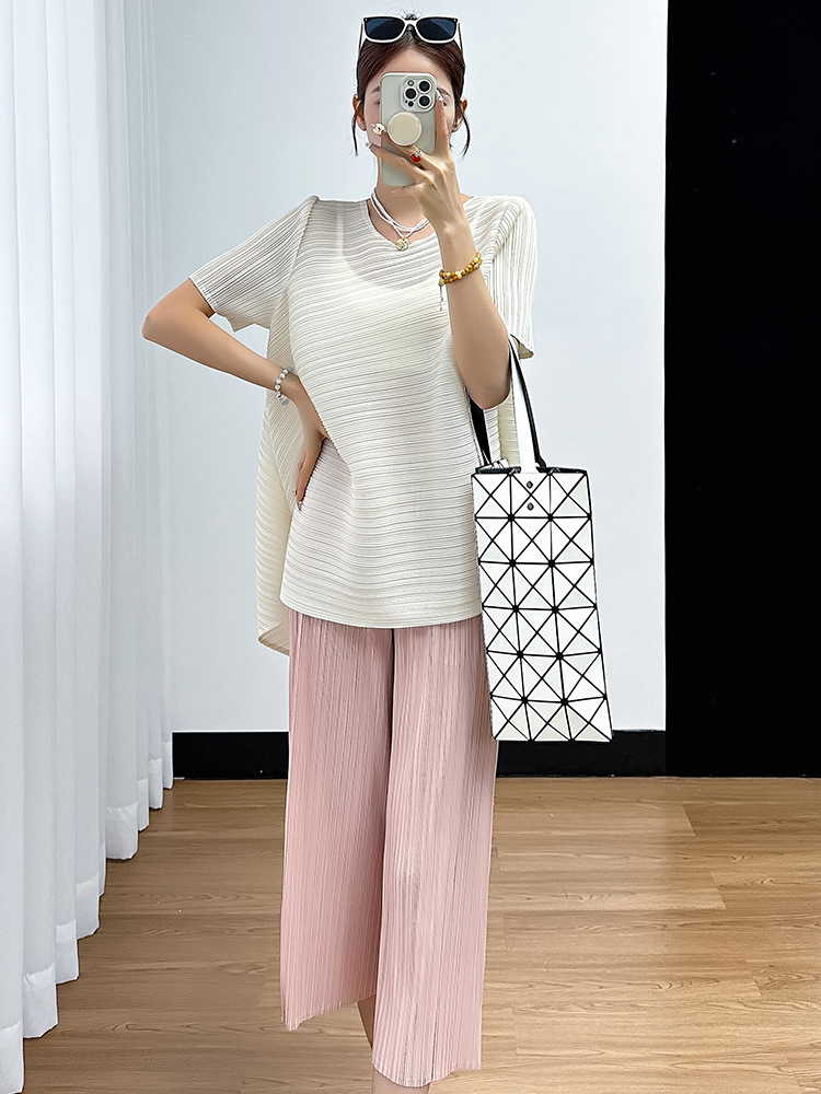 Miyake Summer suit Loose Fresh Style Commuter Short Sleeve Top Solid Color Simple Pleated Casual Cropped Pants Two Pieces