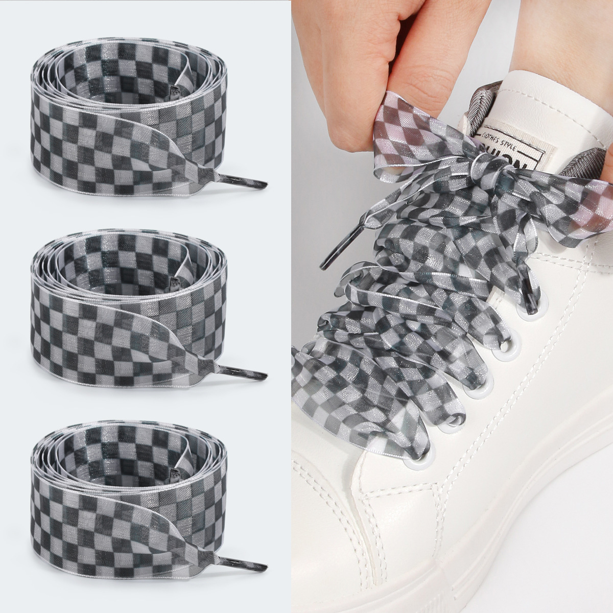 New Black and White Plaid 2.5cm Widened Snow Gauze with Cute Shoelaces Plaid Pattern Silk Gauze Lace Shoelaces