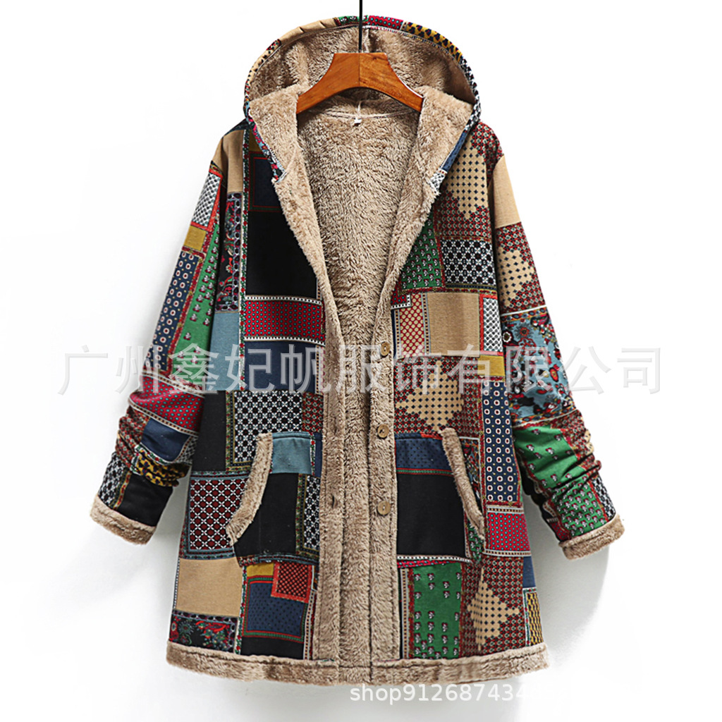 Picture of 2023 Winter Amazon Wish European and American New Women's Cotton and Linen Printed Hooded Sweatshirt Warm Stuffed Jacket